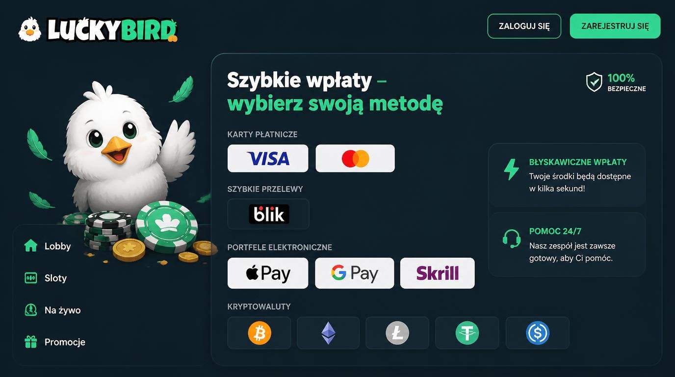 Ikony metod płatności na ekranie kasyna z tekstem „Szybkie wpłaty ‒ wybierz swoją metodę