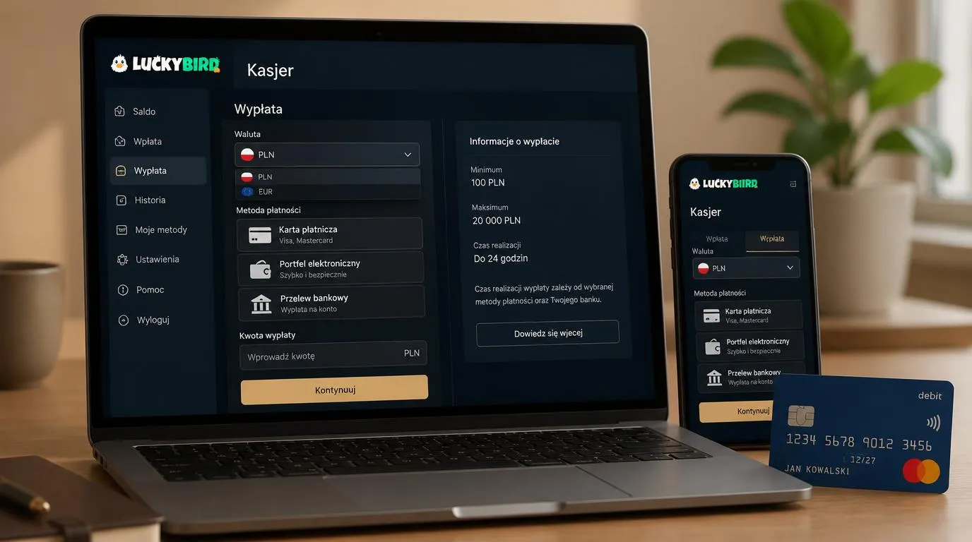 Ekran kasy kasyna z wyborem PLN, kartą płatniczą, portfelem elektronicznym i warunkami wypłaty